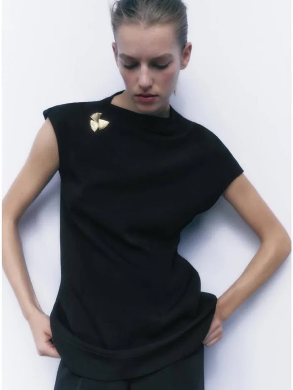 Zara Black Sleeveless Top with Gold Pin Detail